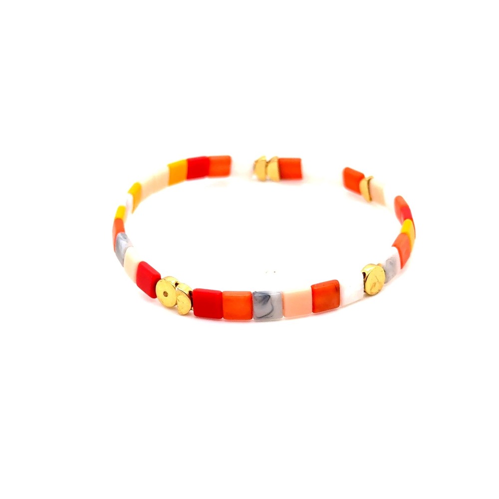 Mishky Tila Bead Stretch Bracelet Sunset Orange Red Gold Tone Logo Charm